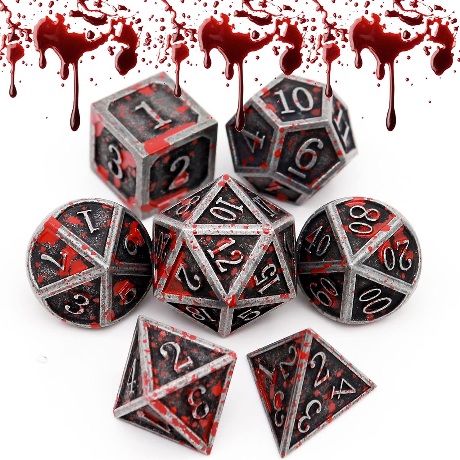 Haxtec Bloodstained Metal DND Dice Set D&D Metall Würfel 7PCS Polyhedral RPG D&D Dice for Dungeons and Dragons Gifts TTRPG