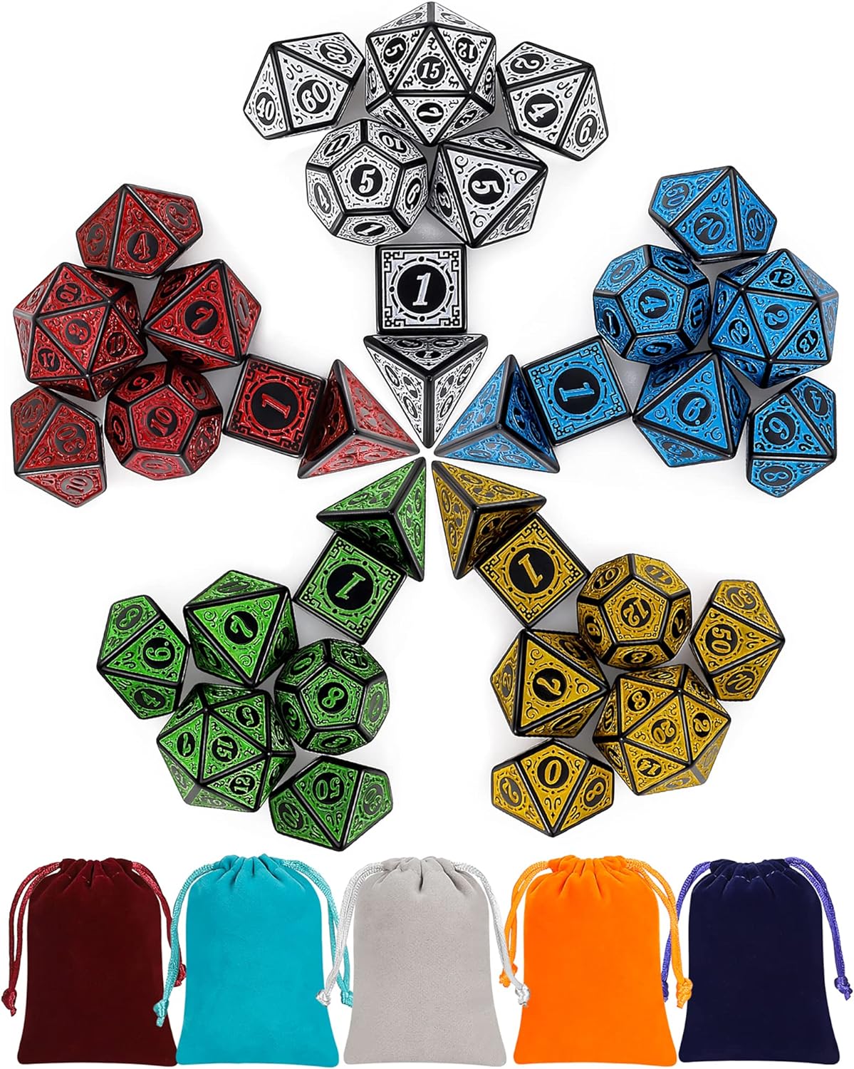 QMAY DND Würfel, 5×7 Set (35 Stück) Vintage Gravur Serie Polyedrische Würfel Set mit 5 Beuteln, für Dungeon and Dragons MTG Tischspiele RPG DND D4 D6 D8 D10 D% D12 D20