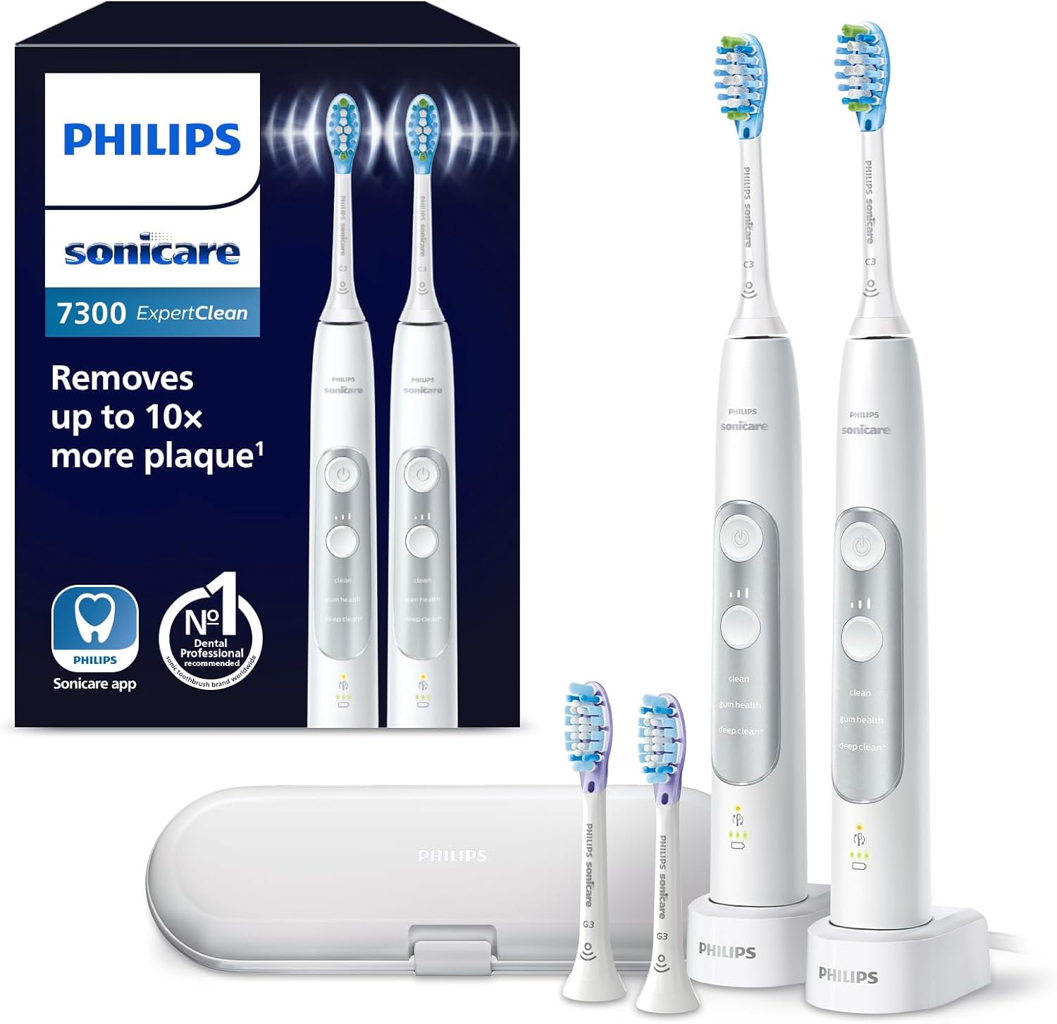 Philips Sonicare ExpertClean 7300 elektrische Zahnbürste, Schallzahnbürste mit App, 3 Putzmodi und 3 Intensitätsstufen, Drucksensor, Reiseetui, Silber-Weiß, 2er-Pack, Modell HX9611/19
