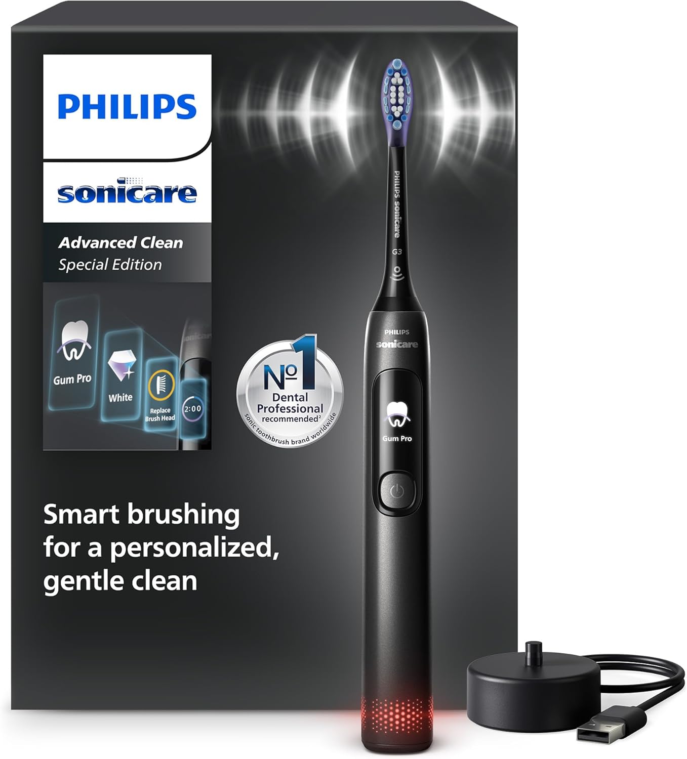 Philips Sonicare AdvancedClean Limited Edition Elektrische Zahnbürste – Smart Screen, Drucksensor, Erinnerungsfunktion zum Austausch des Bürstenkopfs, 5 Putzmodi und SmarTimer, Schwarz, HX3792/11