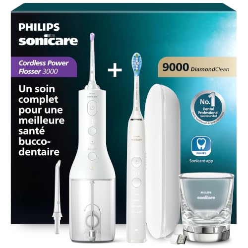 Philips Sonicare kabellose Power Flosser Munddusche und DiamondClean 9000 elektrische Zahnbürste – Saubere Zähne, sauberes Zahnfleisch und Plaque-Entfernung, Weiß (Modell
