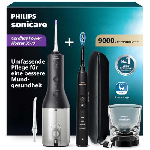 Philips Sonicare kabellose Power Flosser Munddusche und DiamondClean 9000 elektrische Zahnbürste – Saubere Zähne, sauberes Zahnfleisch und Plaque-Entfernung, schwarz (Mod