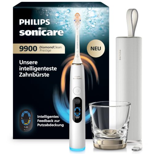 Philips Sonicare Next-Generation DiamondClean 9900 Prestige elektrische Zahnbürste – intelligentes Feedback zur Putzabdeckung, intelligente Andruckkontrolle und 24 Einstellungen, Silberweiß, HX9813/91
