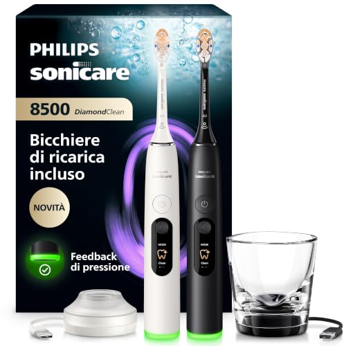 Philips Sonicare Next-Generation DiamondClean 8500 elektrische Zahnbürste – mit intelligenter Andruckkontrolle und 18 Einstellungen, Pulverweiß & Schwarz, 2er-Pack, HX859